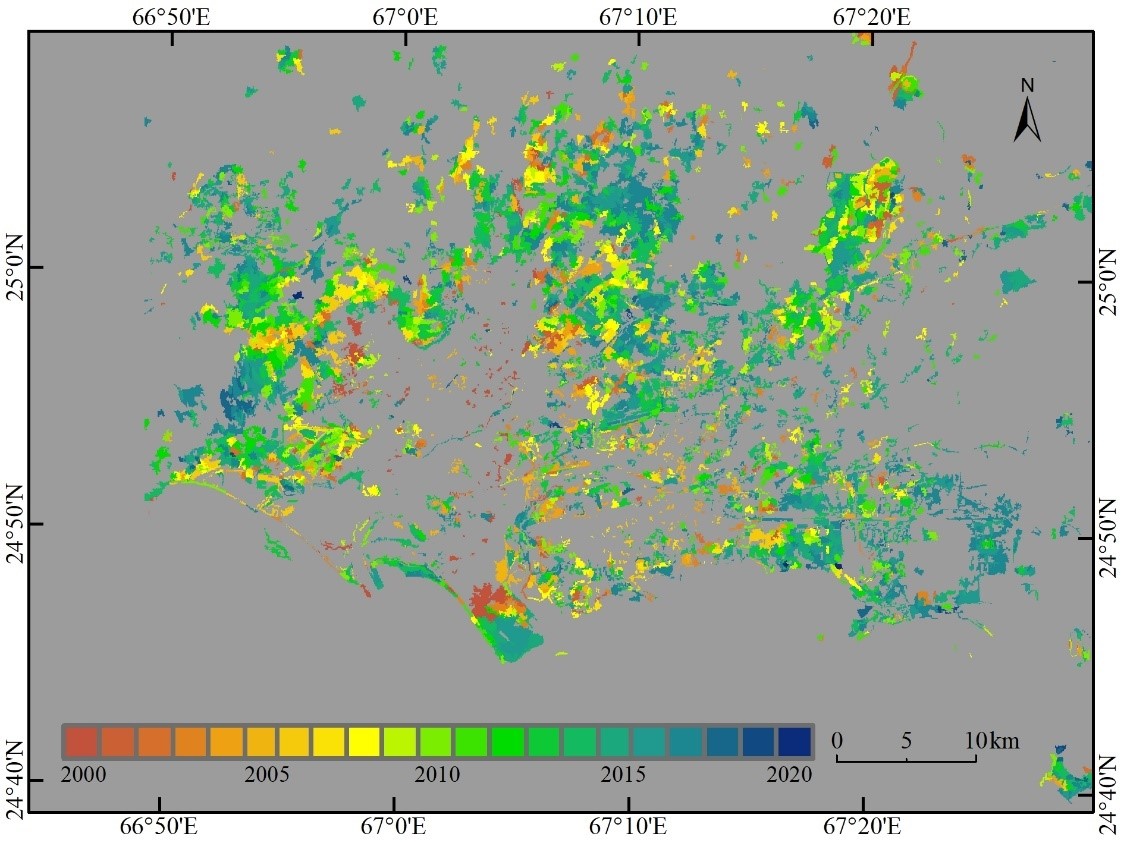 Surface disturbance (trajectory of Karachi urban expansion) of China-Pakistan Economic Corridor (2000-2020)