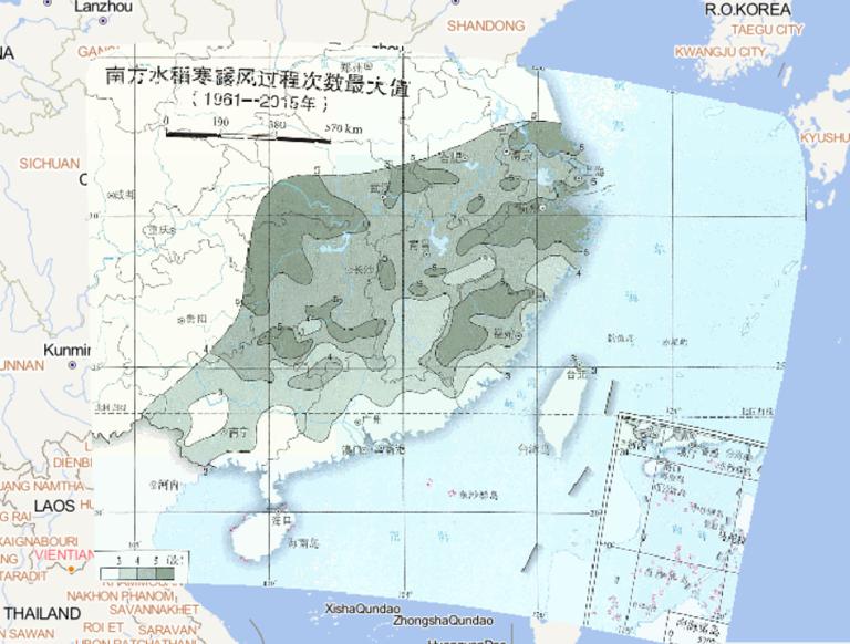 Online map of the maximum number of rice cold dew wind processes in southern China from 1961 to 2015