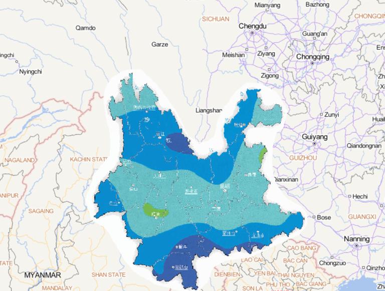 Online map of accumulated precipitation of flood and debris flow disasters in Yunnan Province from July 5 to 10, 2014