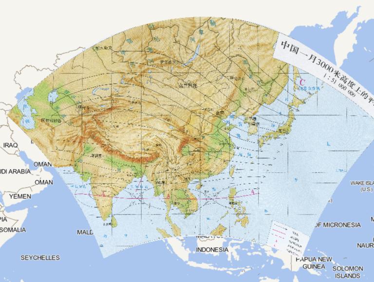 The average flow field in China at a height of 3,000 meters in January