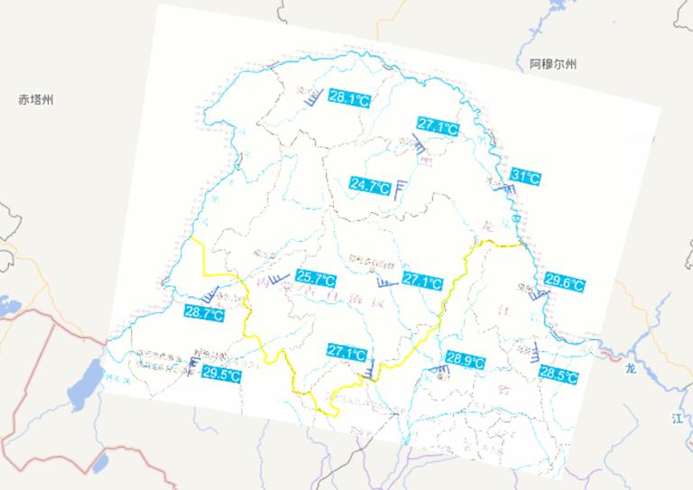 Online map of meteorological condition of the forest fire in Greater Higgnan Mountains in June 27th, 2010