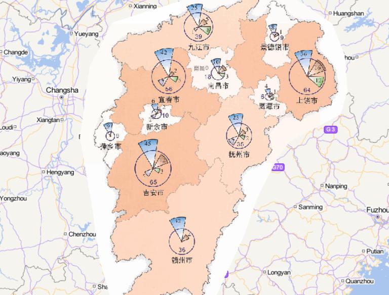 Online map of disaster frequency distribution by disaster type in Jiangxi Province in 2014