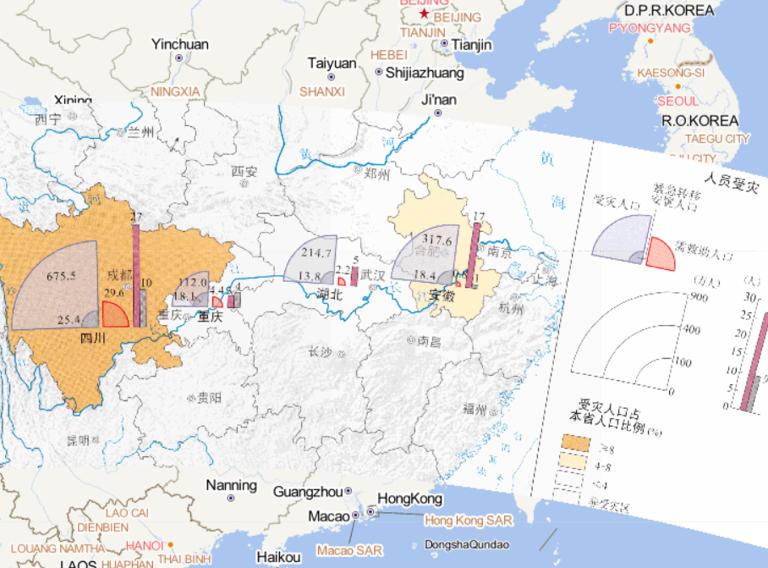 Online map of people affected by floods, wind and hail disasters in the Jianghuai and Jianghan regions of the Sichuan Basin, China, from the end of June to early July 2013