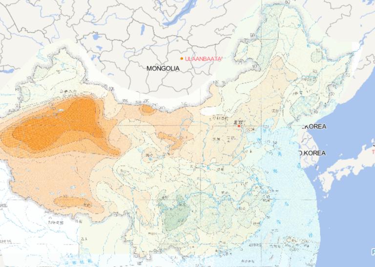 Online map of the threshold distribution of 100 years continuous precipitation free days in China