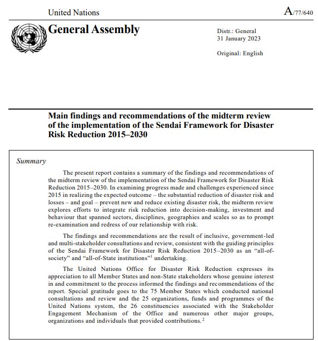 The Report of the Main findings and recommendations of the Midterm Review of the implementation of the Sendai Framework for Disaster Risk Reduction 2015-2030