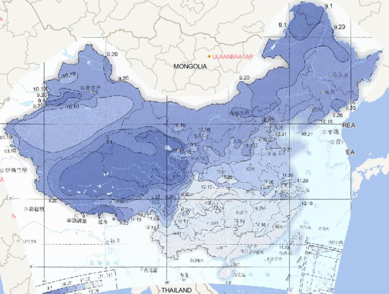 Online map of average first frost occurrence date from 1981 to 2010