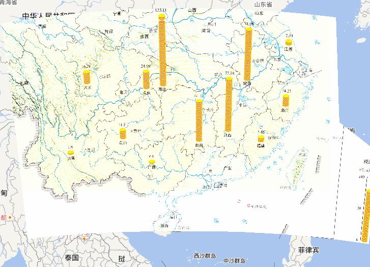 Direct economic losses online map in July 1st to 8th,2010 during the early July's flood disaster period in South China