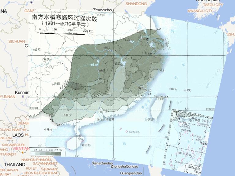 Online map of the average number of rice cold dew wind processes in southern China from 1981 to 2010