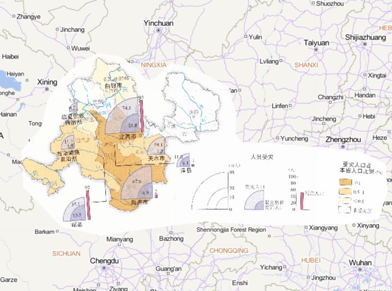 Online map of people affected by earthquake in Min County and Zhang County, Gansu Province in 2013 in China