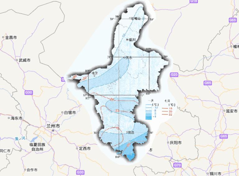 Online map of January and July average temperatures in Ningxia Hui Autonomous Region, China