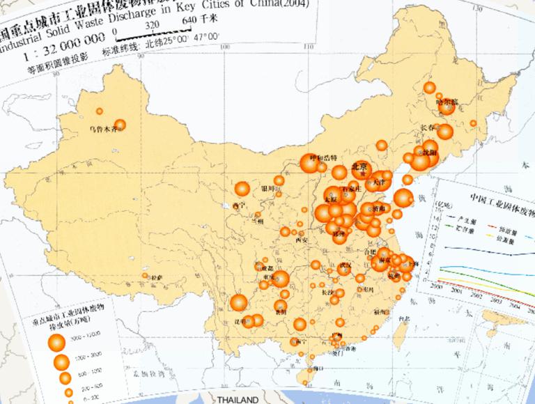 Emission Status of Industrial Solid Wastes in Key Cities of China Online Map (2004) (1: 32 million)