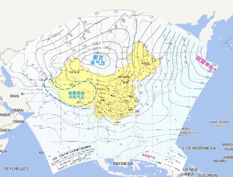 Online map of China sea level pressure and prevailing wind direction frequency in January